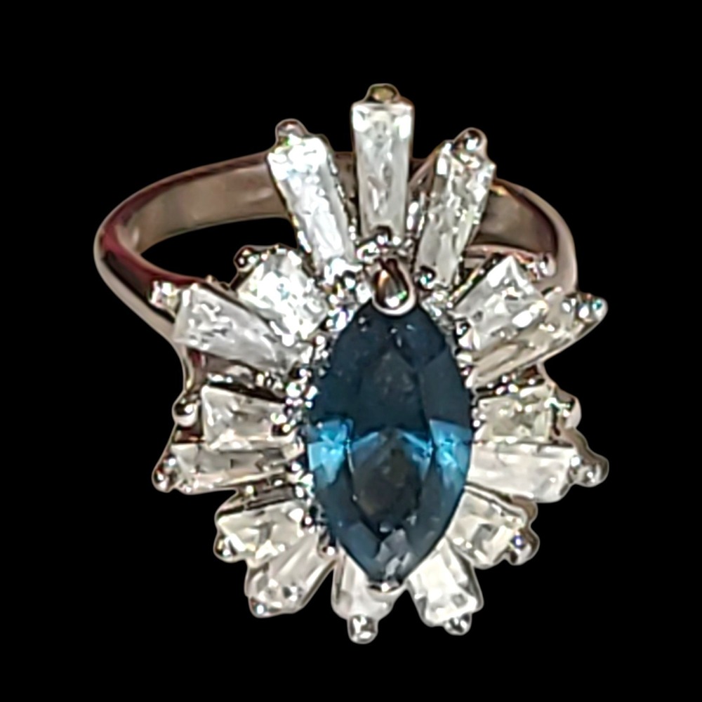 Vintage 18K HGE Blue Marquise CZ Starburst Ring Halo Cocktail Sz 9 Gold Plate